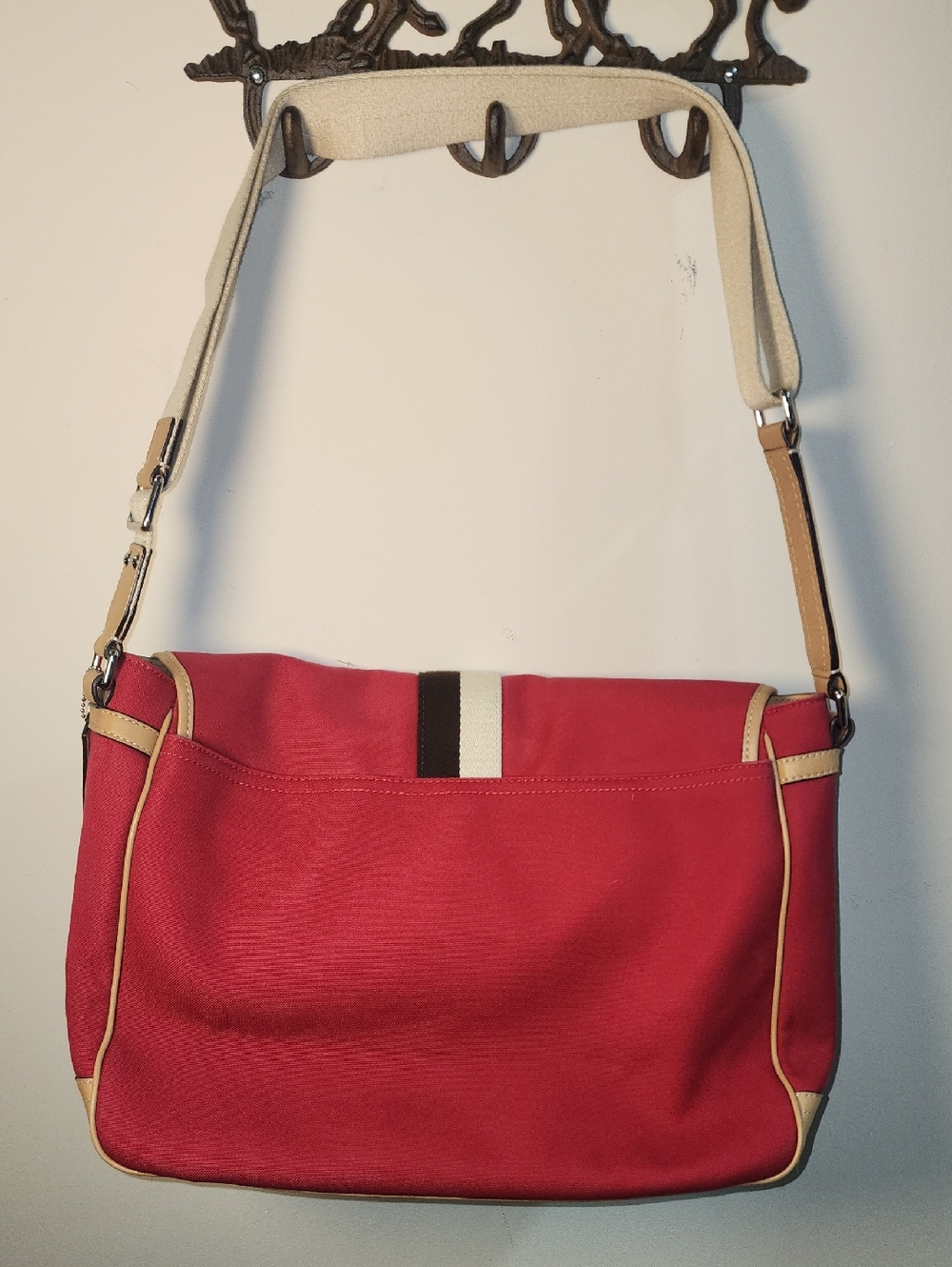 Coach Leather Red Canvas Messenger Bag Cream Trim Striped Accent Business Tote - Picture 14 of 16